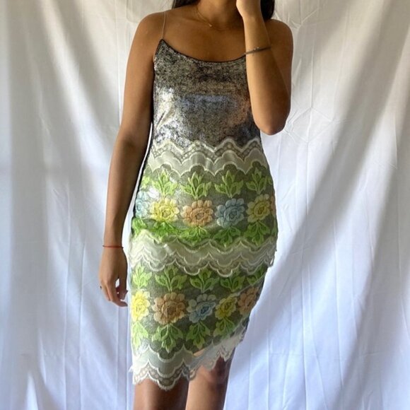 Floral Lace Mini Dress - Silver and Multicolor - Picture 3 of 10
